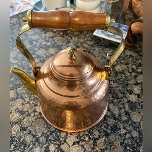 Vintage Copper Tea Kettle with Wooden Handle